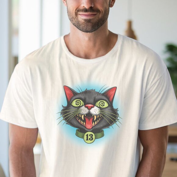 Black cat number 13 tee spooky cartoon graphic with glowing eyes design - Picture 4 of 7